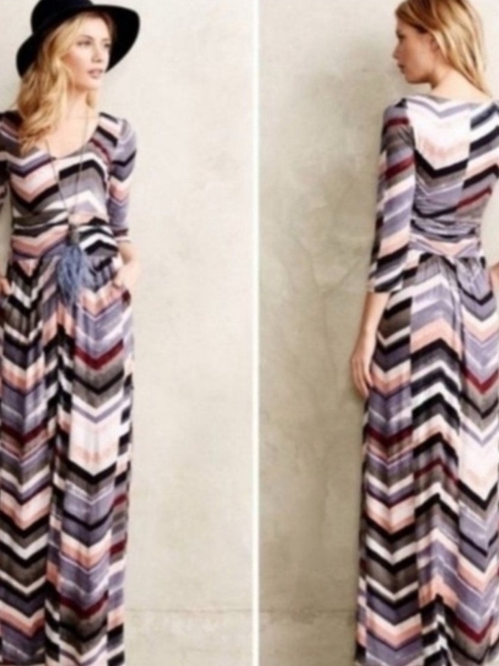 Striped Chevron Maxi Dress in Pink, Gray & Black